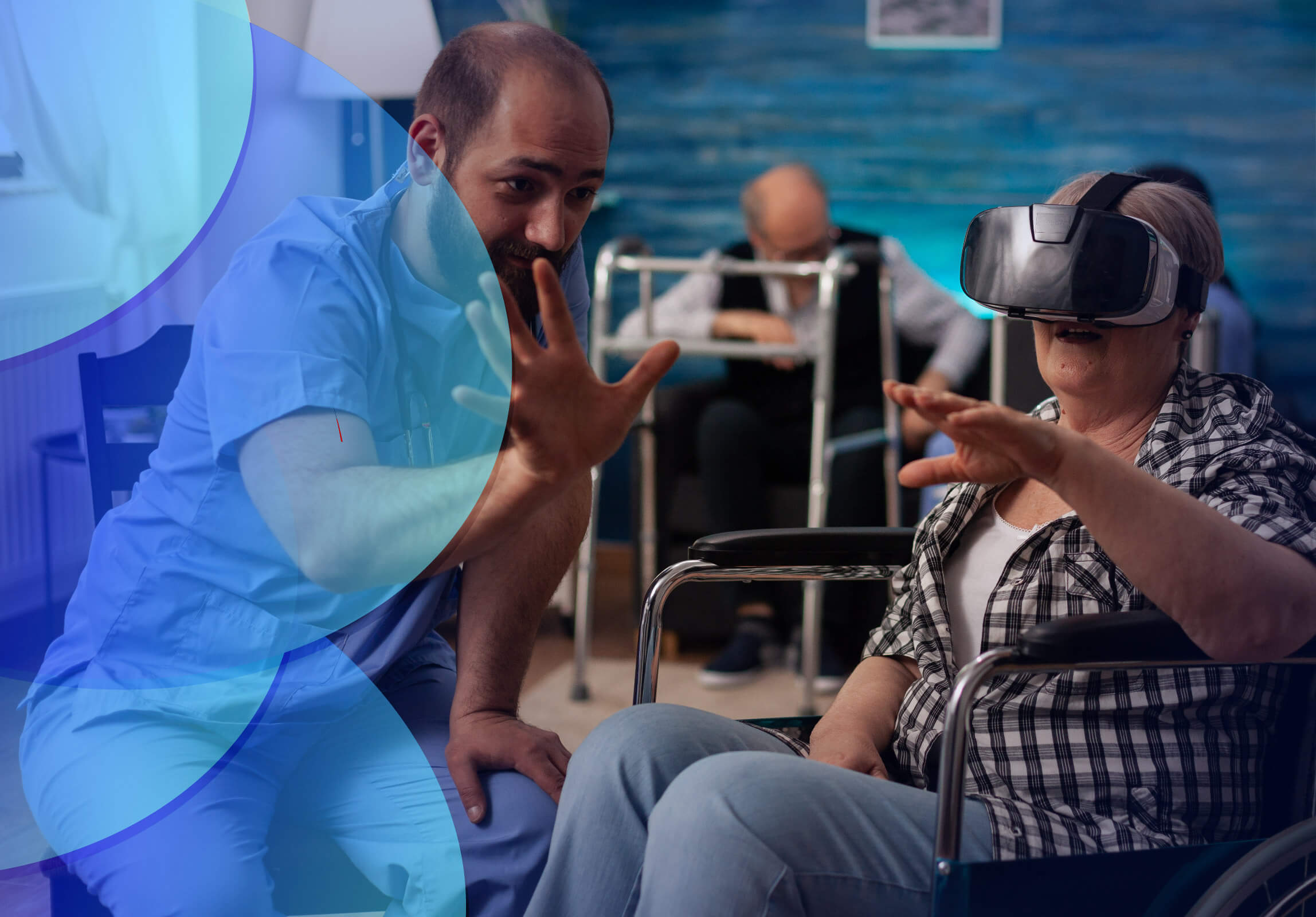 A male nurse showing an elderly female patient how to use virtual reality goggles.