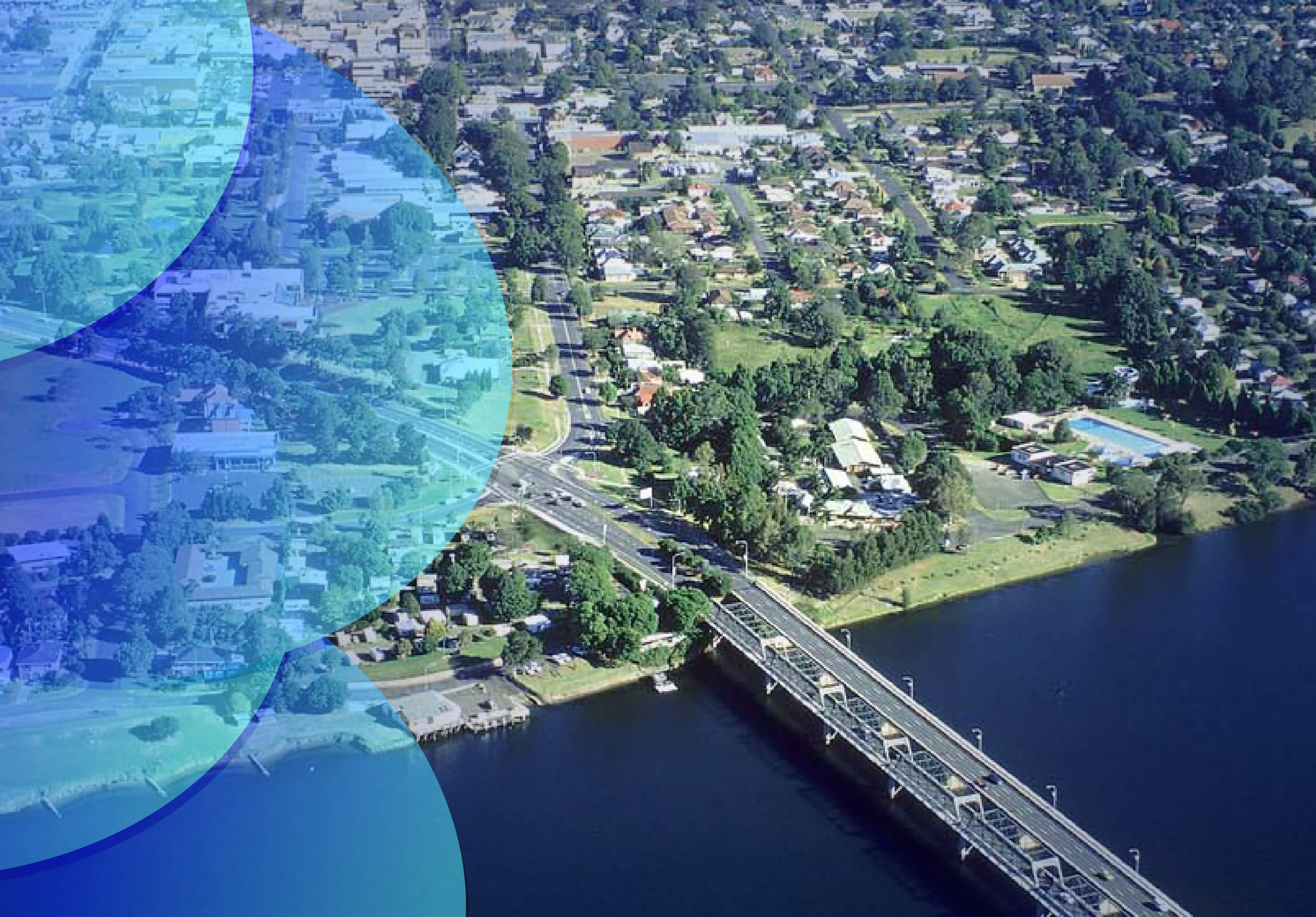 An aerial shot of a local Australian bridge and community